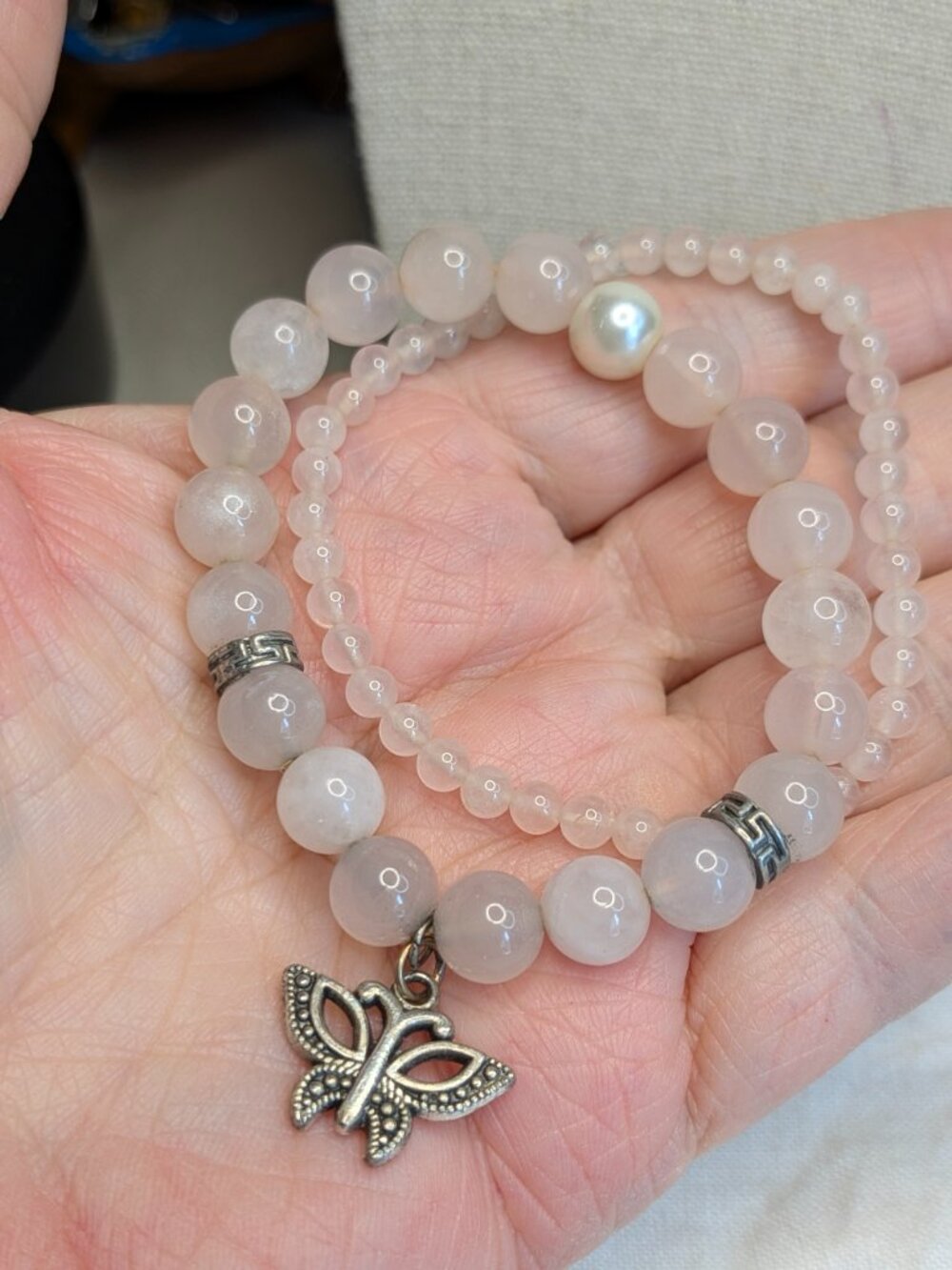 Rose Quartz Bracelet Duo with Butterfly Charm